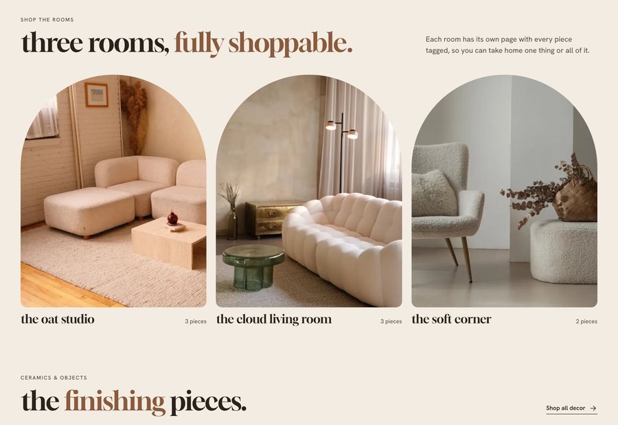 Arc & Alcove desktop: shoppable styled rooms