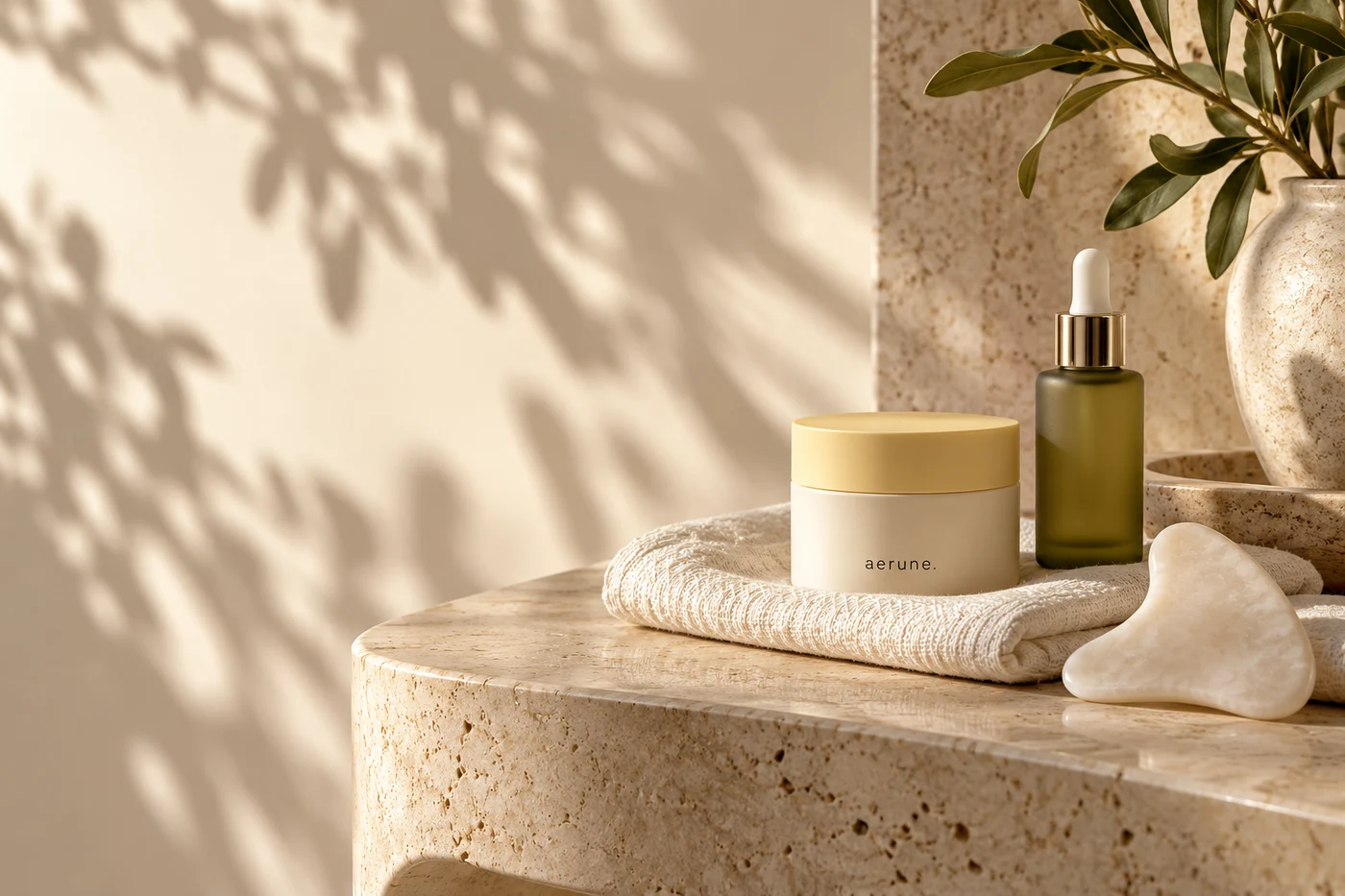 Sunlit skincare essentials arranged on linen and travertine